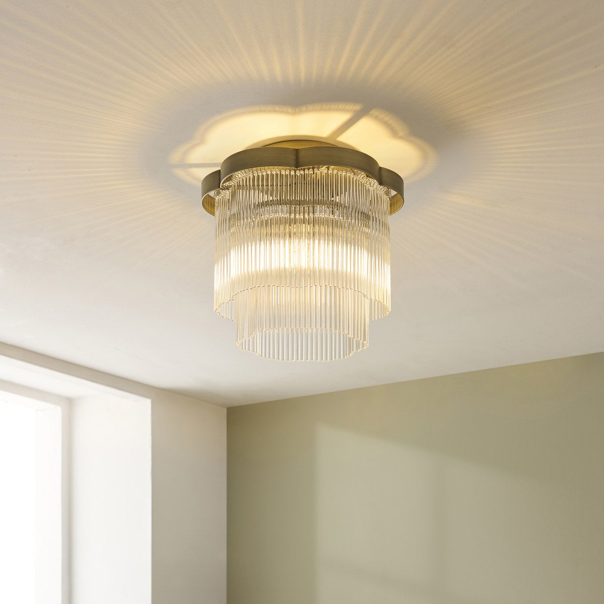 Endon Lucille Flush Ceiling Light in Antique Brass with Clear Glass Rods
