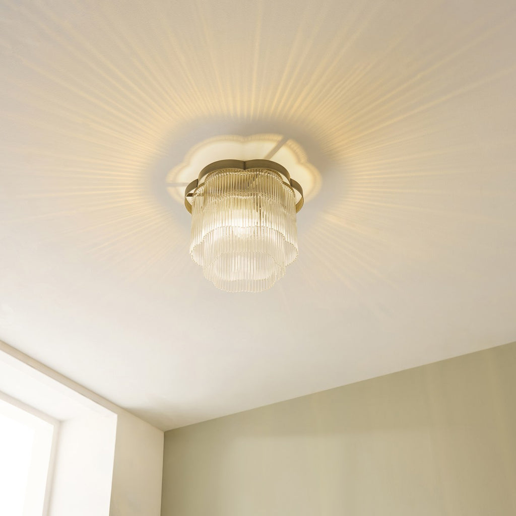 Endon Lucille Flush Ceiling Light in Antique Brass with Clear Glass Rods