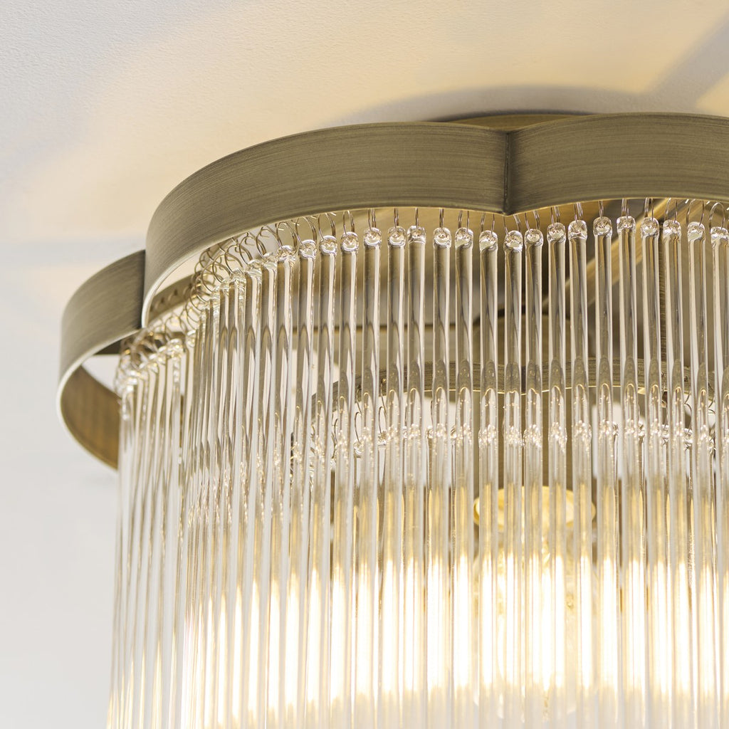 Endon Lucille Flush Ceiling Light in Antique Brass with Clear Glass Rods
