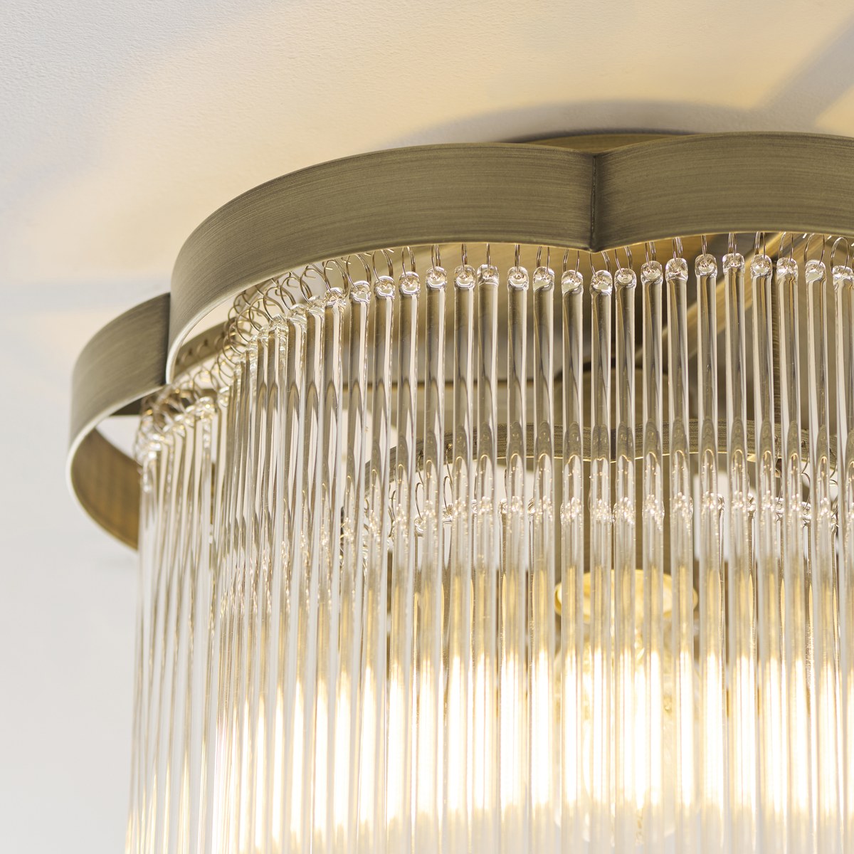Endon Lucille Flush Ceiling Light in Antique Brass with Clear Glass Rods