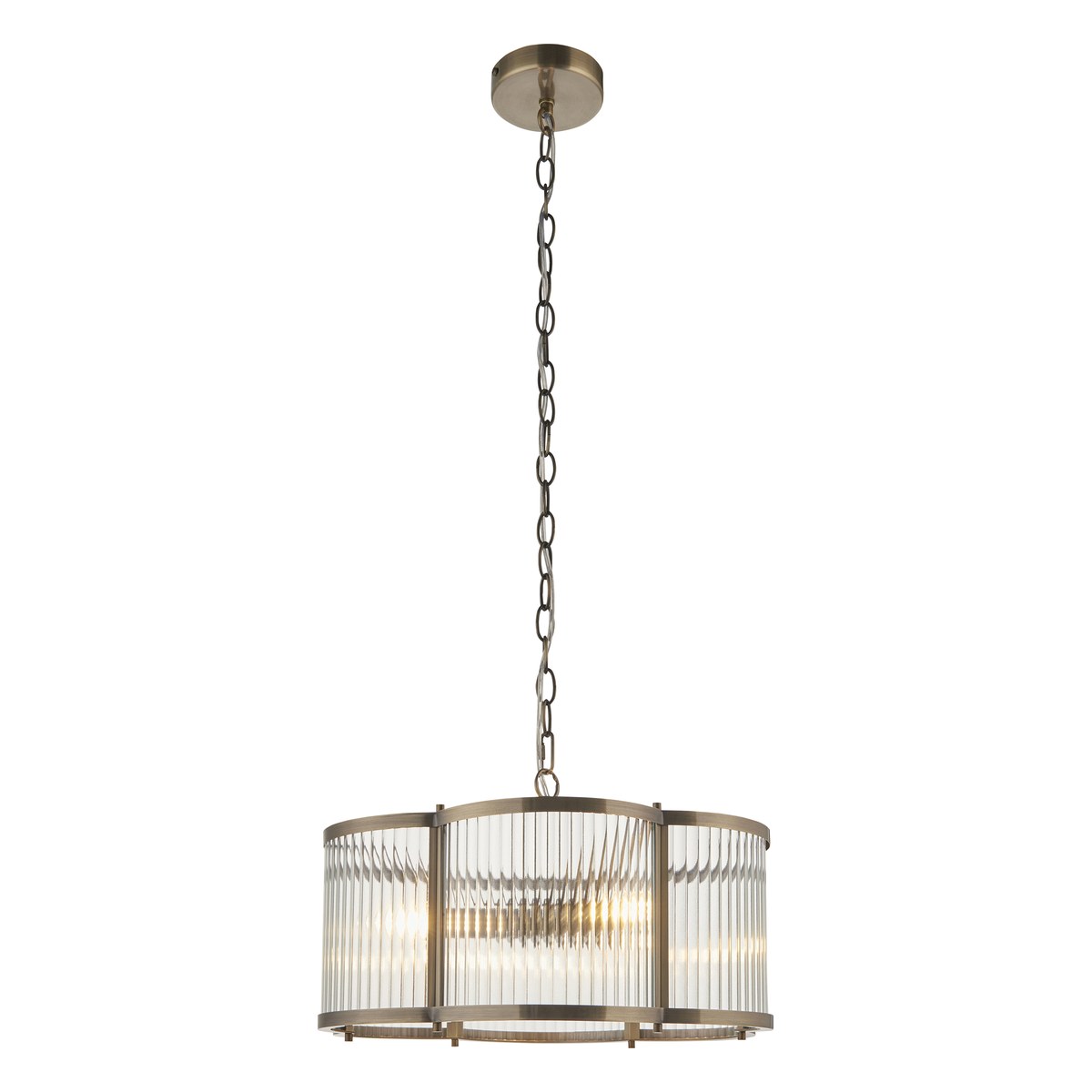 Endon Ridgeton Scallop 3 Light Pendant Light in Antique Brass with Clear Ribbed Glass