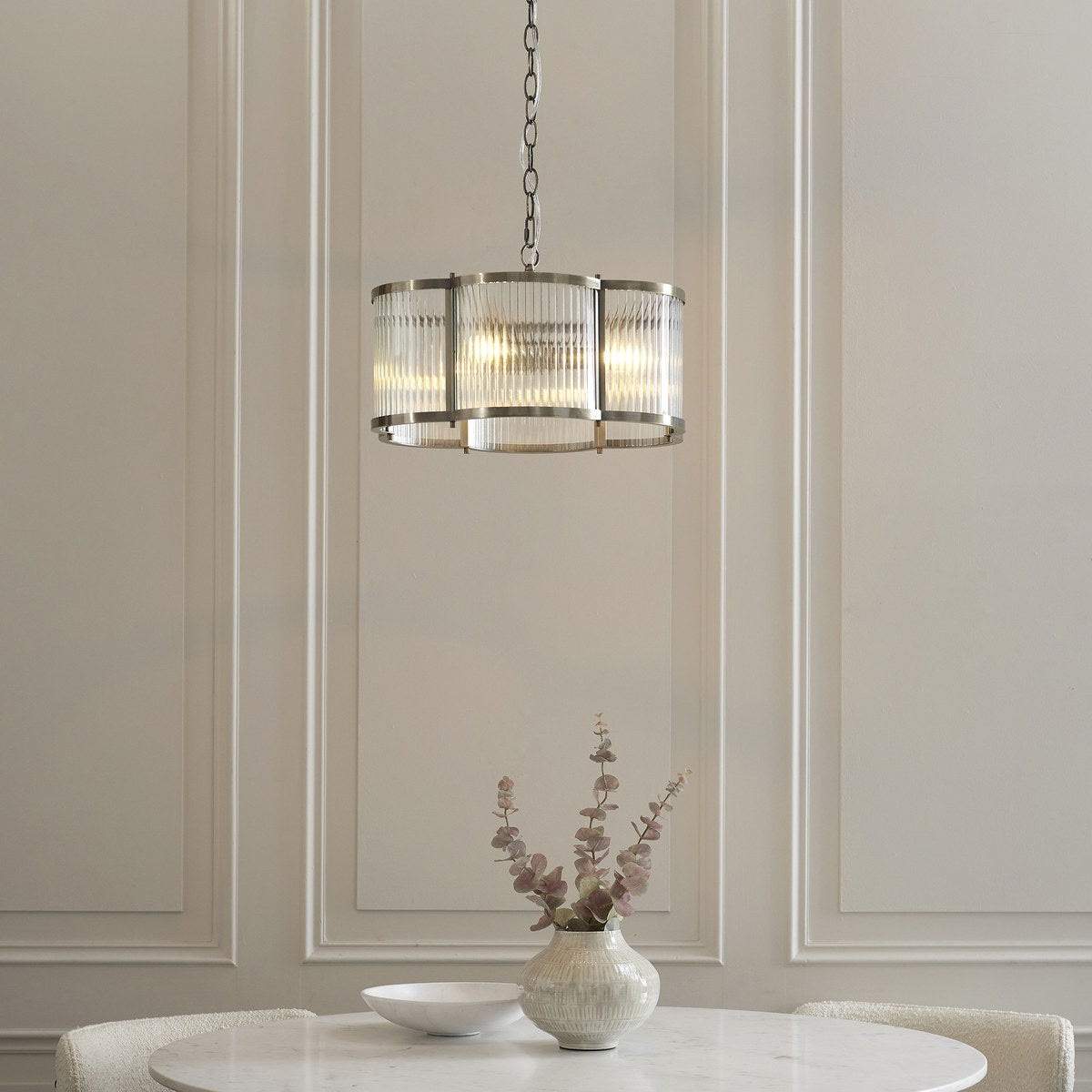 Endon Ridgeton Scallop 3 Light Pendant Light in Antique Brass with Clear Ribbed Glass