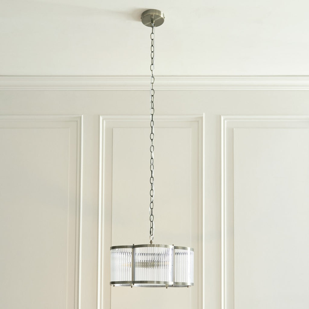Endon Ridgeton Scallop 3 Light Pendant Light in Antique Brass with Clear Ribbed Glass