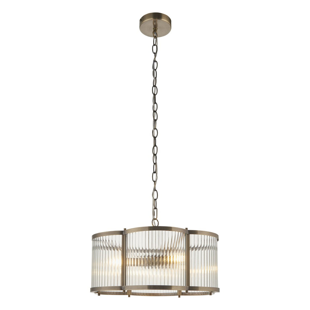 Endon Ridgeton Scallop 3 Light Pendant Light in Antique Brass with Clear Ribbed Glass