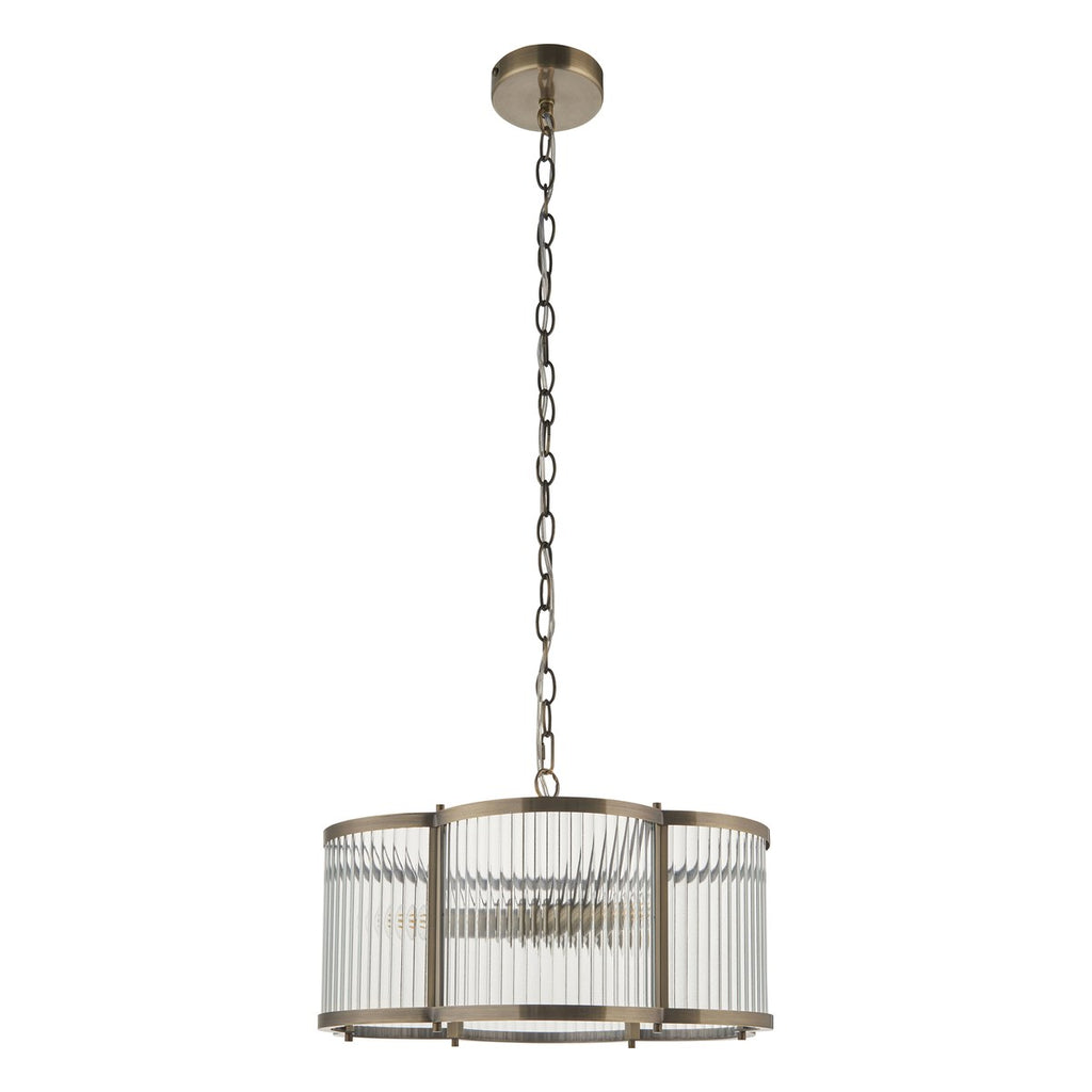 Endon Ridgeton Scallop 3 Light Pendant Light in Antique Brass with Clear Ribbed Glass