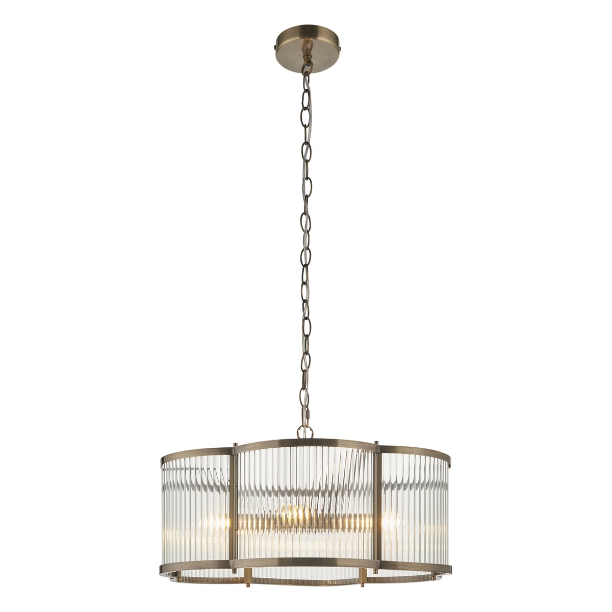 Endon Ridgeton Scallop 5 Light Pendant Light in Antique Brass with Clear Ribbed Glass