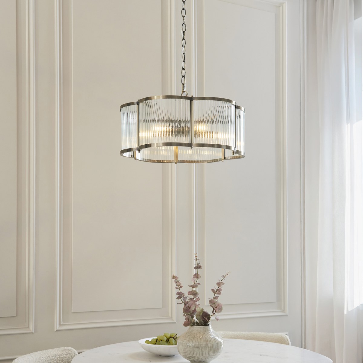Endon Ridgeton Scallop 5 Light Pendant Light in Antique Brass with Clear Ribbed Glass