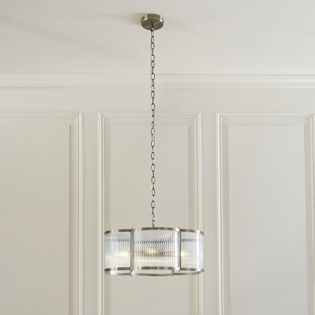 Endon Ridgeton Scallop 5 Light Pendant Light in Antique Brass with Clear Ribbed Glass