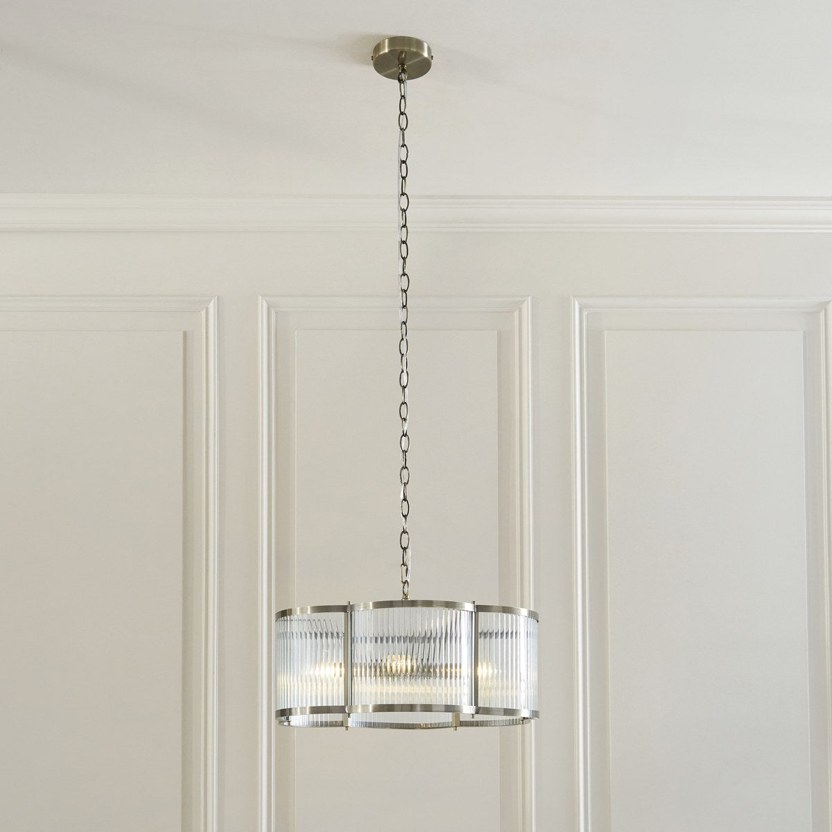 Endon Ridgeton Scallop 5 Light Pendant Light in Antique Brass with Clear Ribbed Glass