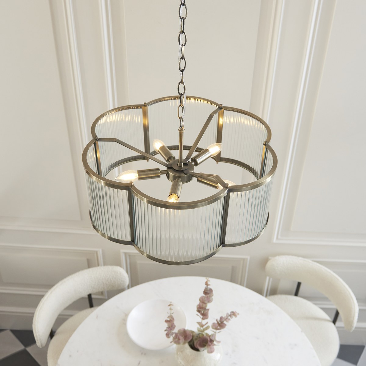 Endon Ridgeton Scallop 5 Light Pendant Light in Antique Brass with Clear Ribbed Glass