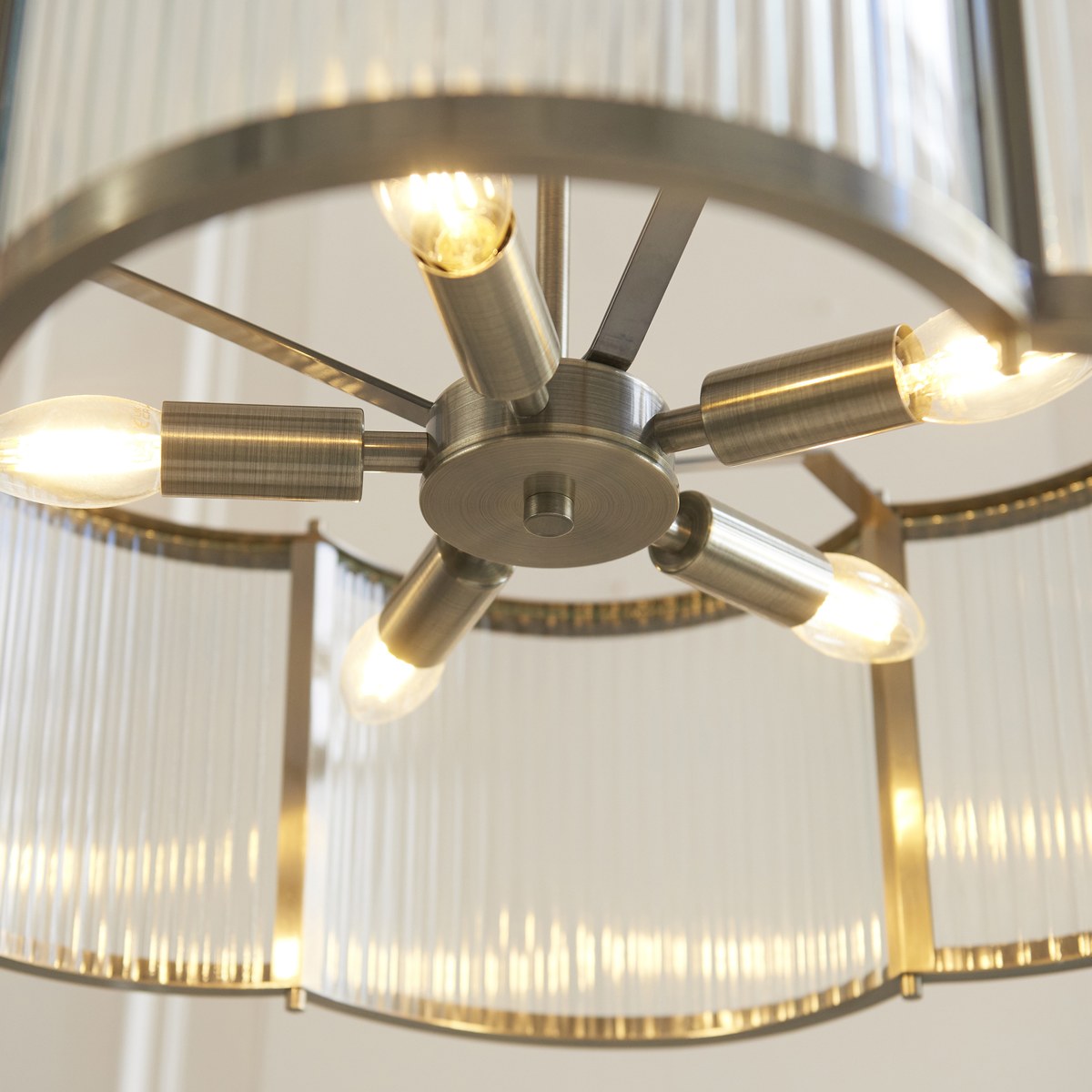 Endon Ridgeton Scallop 5 Light Pendant Light in Antique Brass with Clear Ribbed Glass