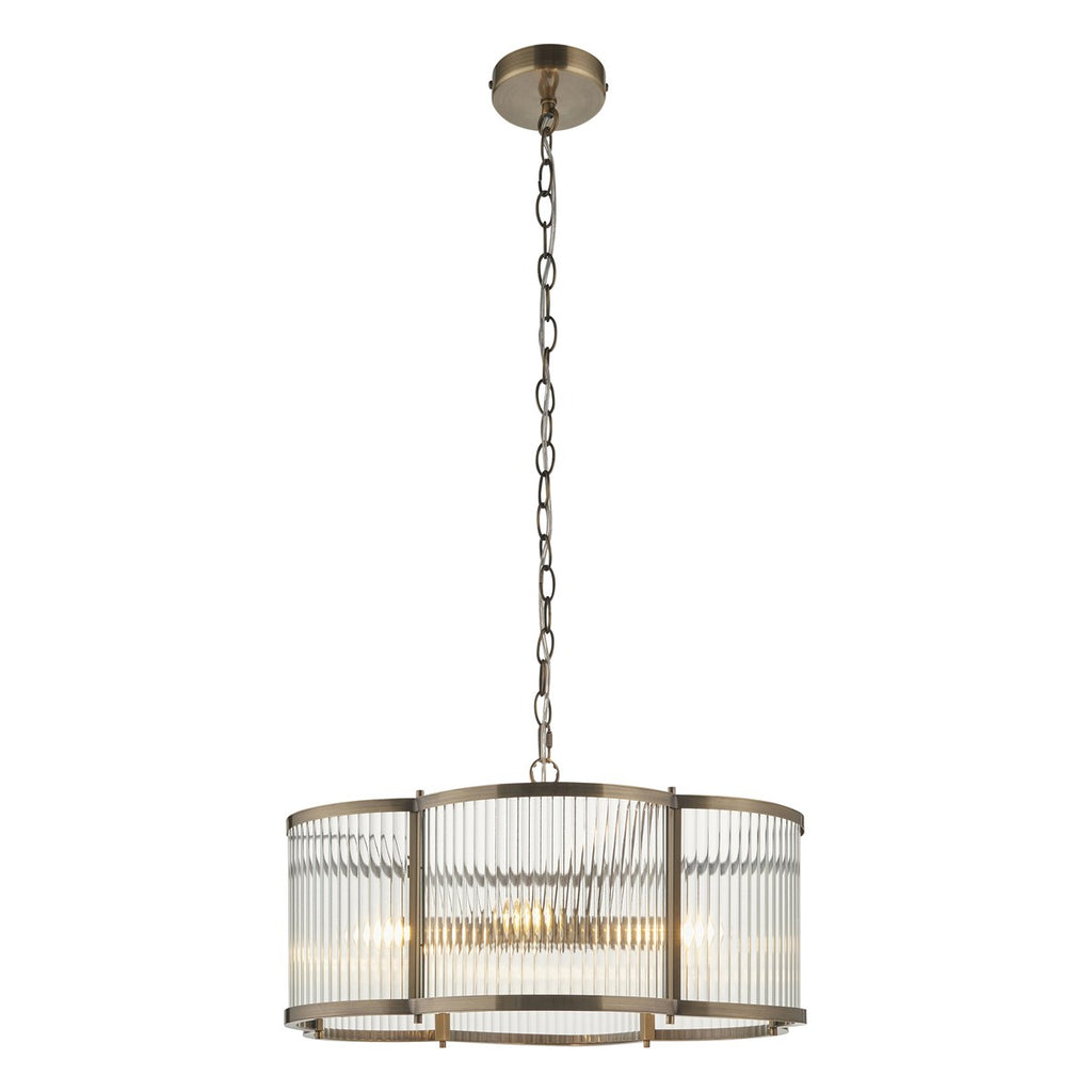 Endon Ridgeton Scallop 5 Light Pendant Light in Antique Brass with Clear Ribbed Glass