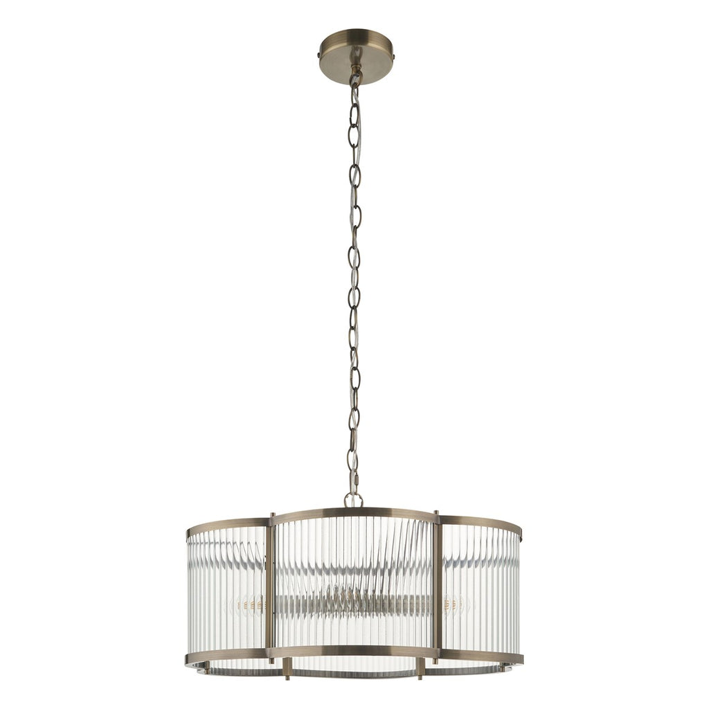 Endon Ridgeton Scallop 5 Light Pendant Light in Antique Brass with Clear Ribbed Glass