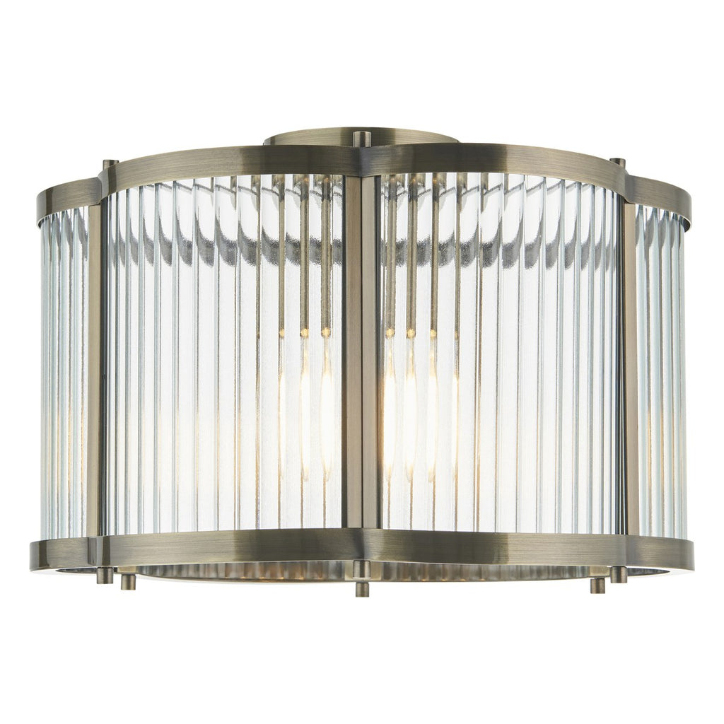 Endon Ridgeton Scallop Flush Ceiling Light in Antique Brass with Clear Ribbed Glass