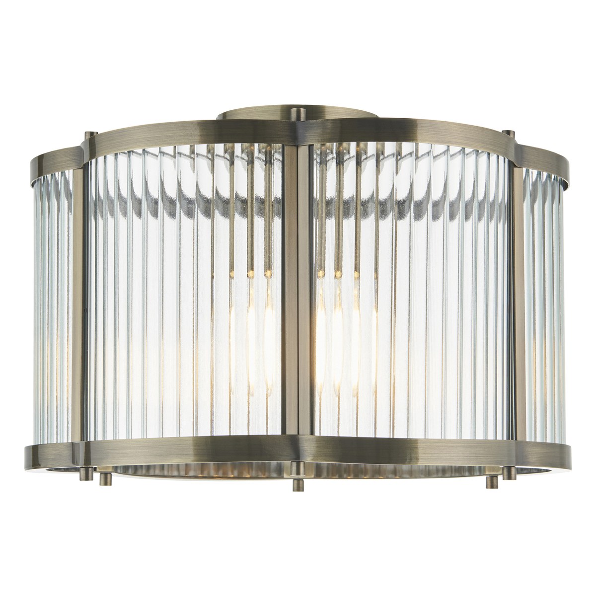 Endon Ridgeton Scallop Flush Ceiling Light in Antique Brass with Clear Ribbed Glass