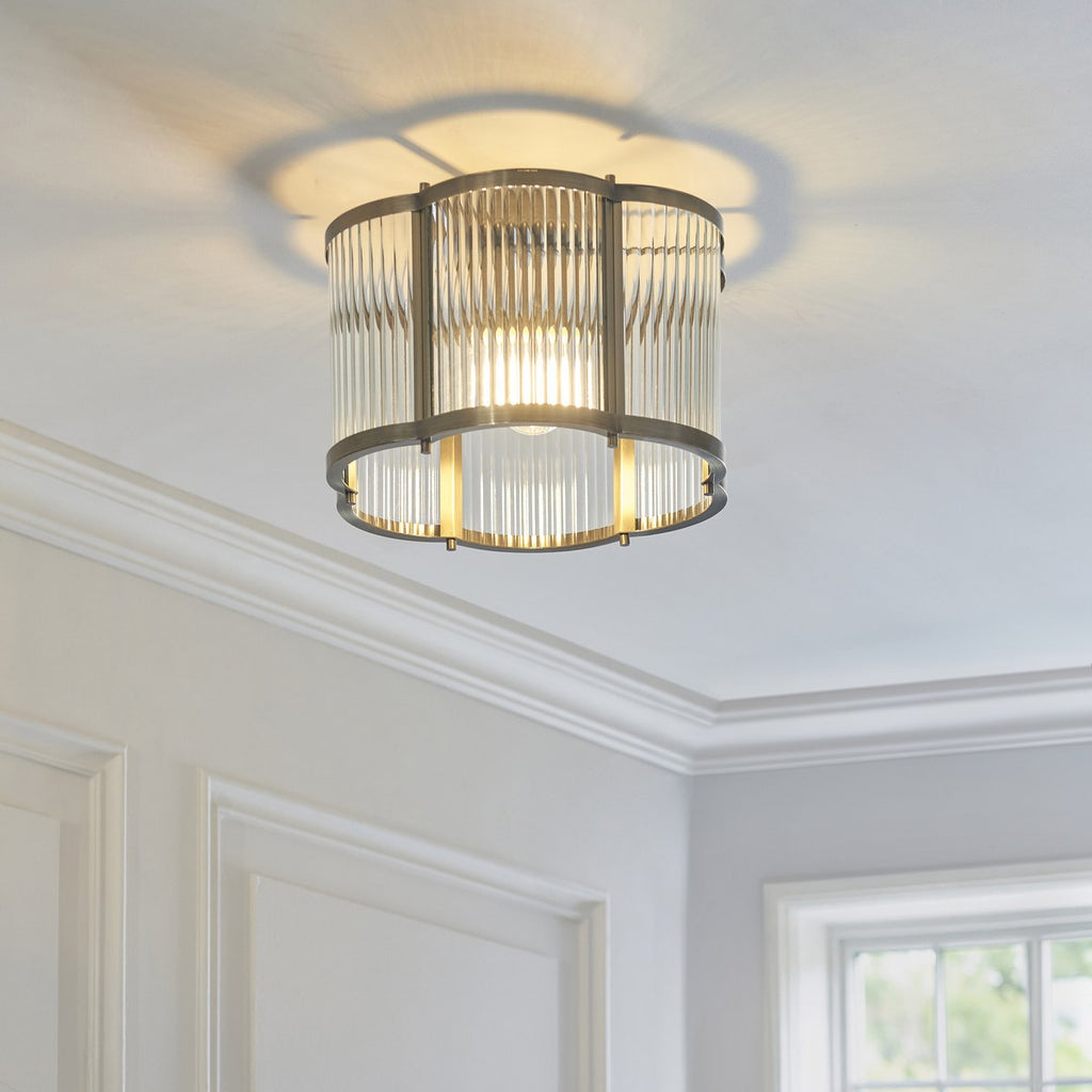 Endon Ridgeton Scallop Flush Ceiling Light in Antique Brass with Clear Ribbed Glass