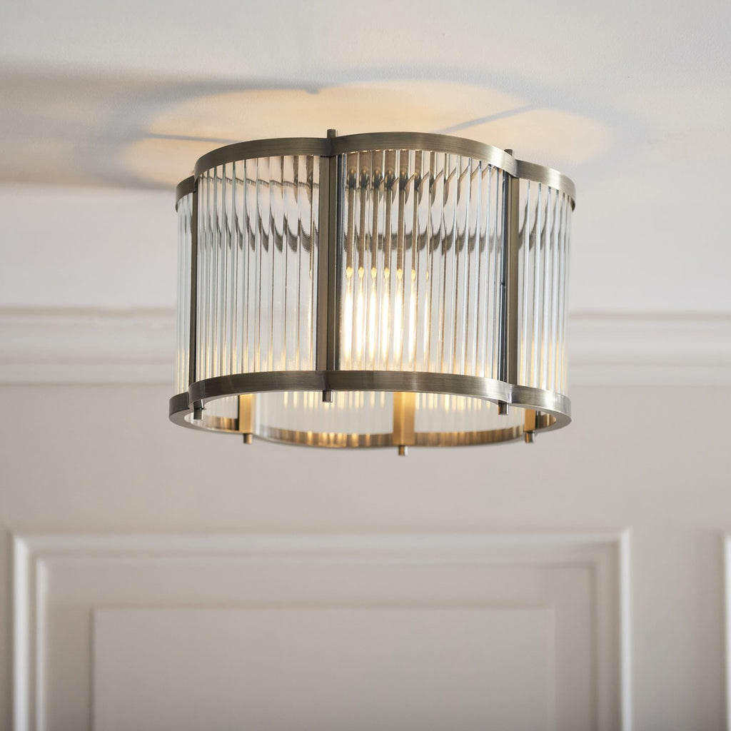 Endon Ridgeton Scallop Flush Ceiling Light in Antique Brass with Clear Ribbed Glass