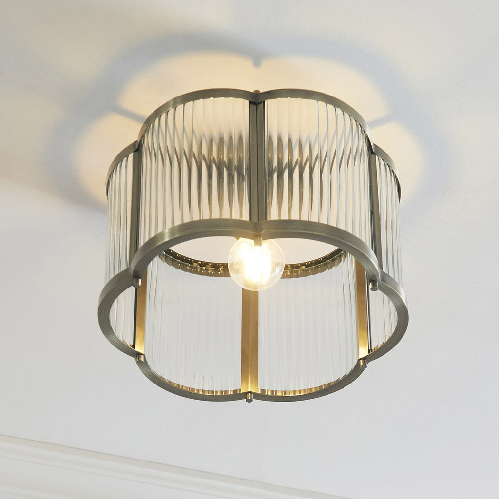 Endon Ridgeton Scallop Flush Ceiling Light in Antique Brass with Clear Ribbed Glass