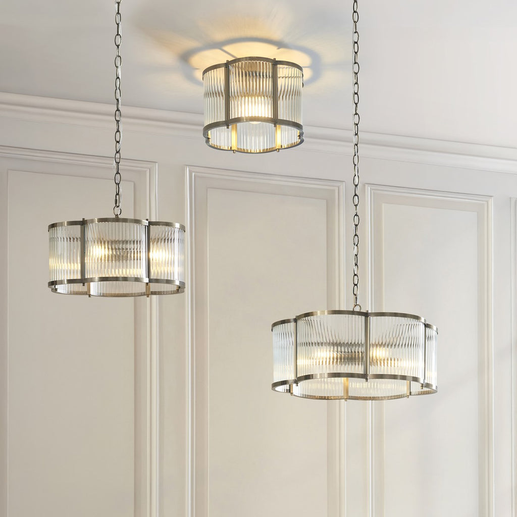 Endon Ridgeton Scallop Flush Ceiling Light in Antique Brass with Clear Ribbed Glass