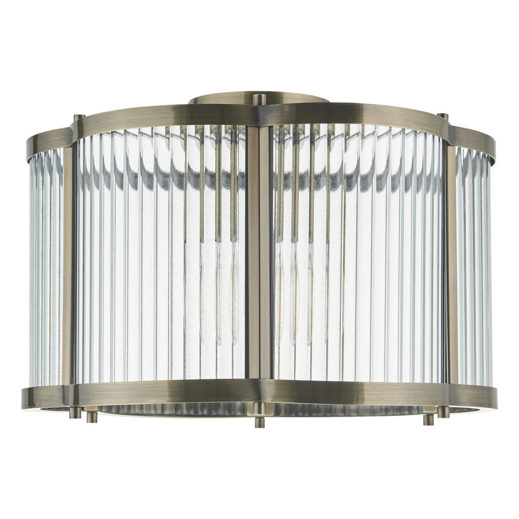 Endon Ridgeton Scallop Flush Ceiling Light in Antique Brass with Clear Ribbed Glass