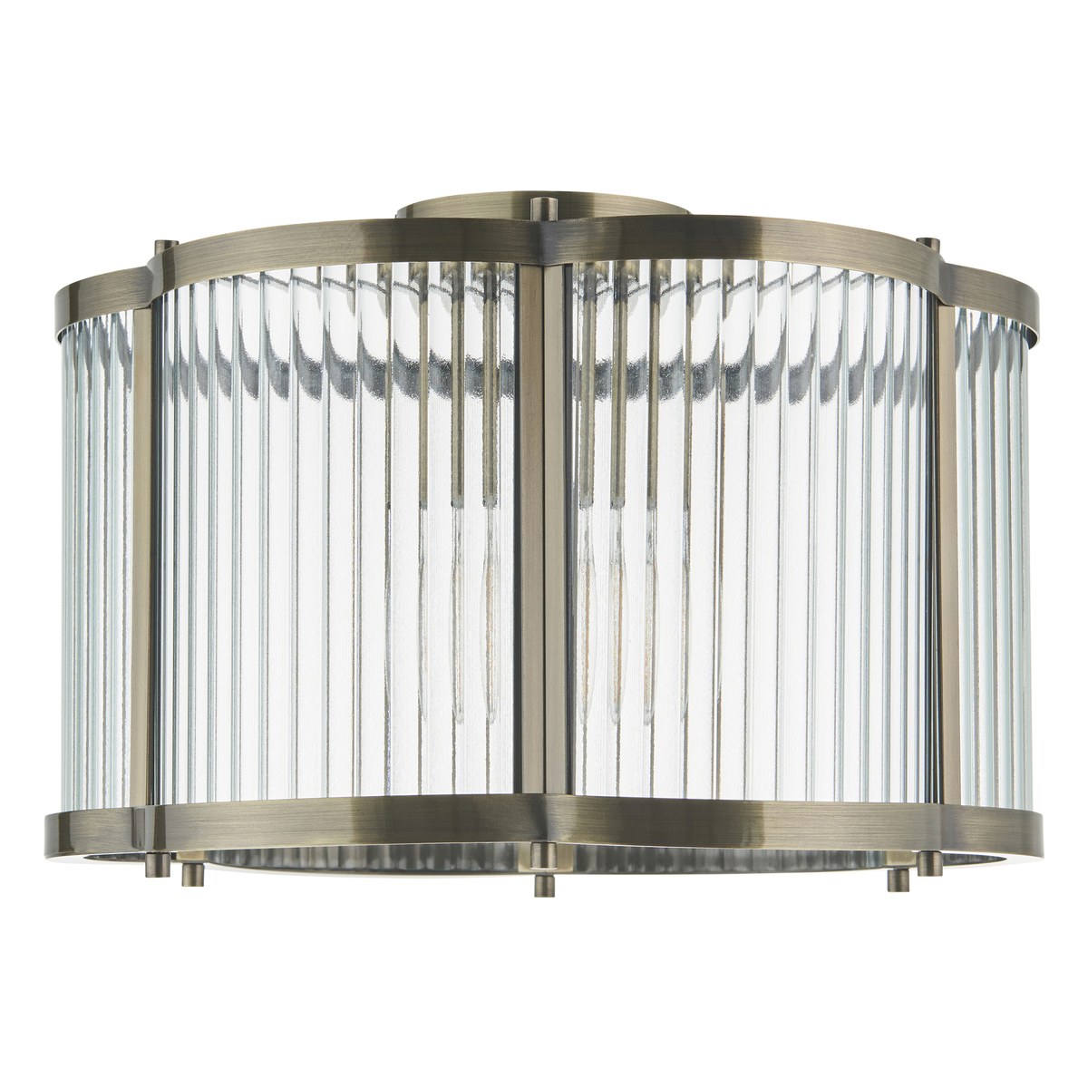 Endon Ridgeton Scallop Flush Ceiling Light in Antique Brass with Clear Ribbed Glass