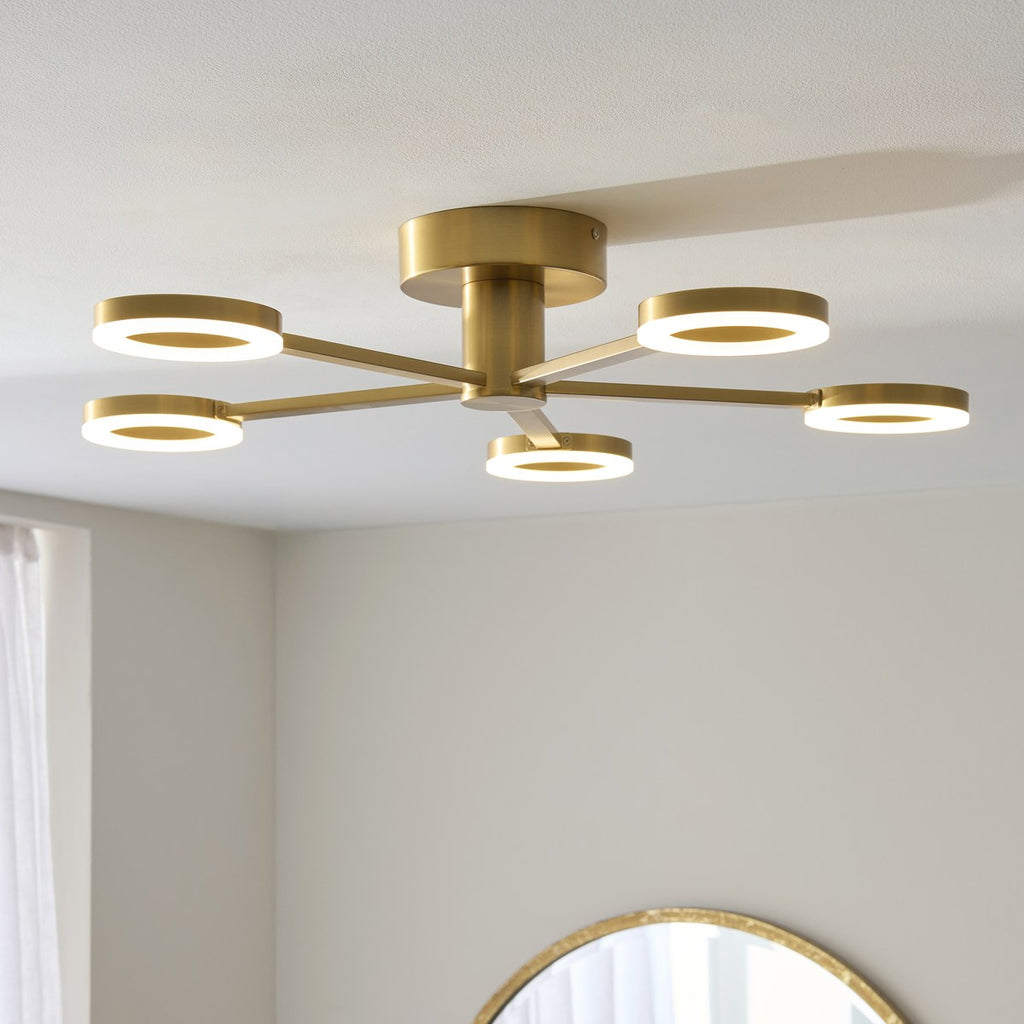 Endon Scout 5 Light Semi Flush Ceiling Light in Warm Brass