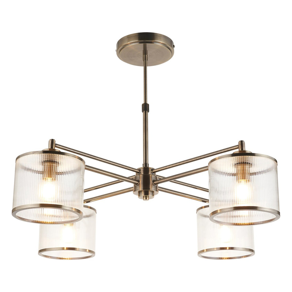 Endon Ridgeton 4 Light Pendant Light in Antique Brass with Clear Ribbed Glass