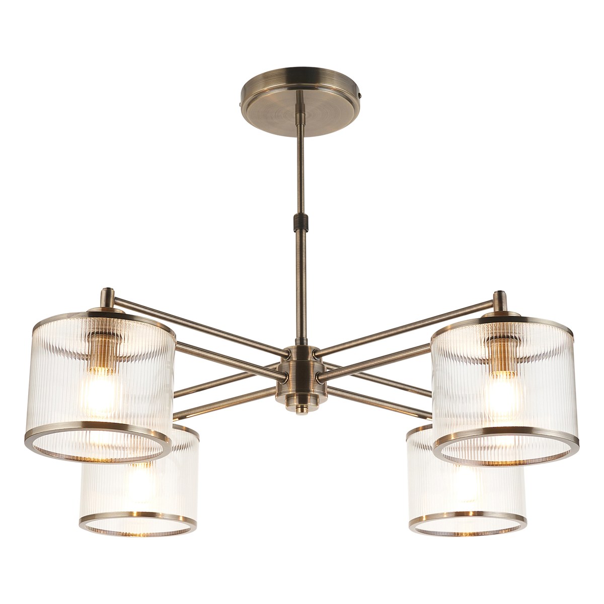 Endon Ridgeton 4 Light Pendant Light in Antique Brass with Clear Ribbed Glass