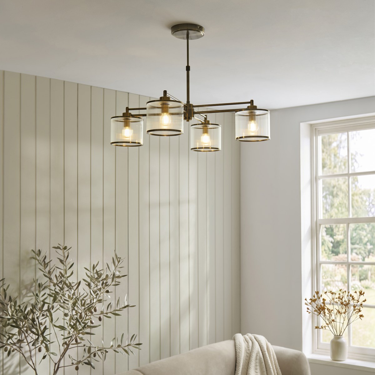 Endon Ridgeton 4 Light Pendant Light in Antique Brass with Clear Ribbed Glass