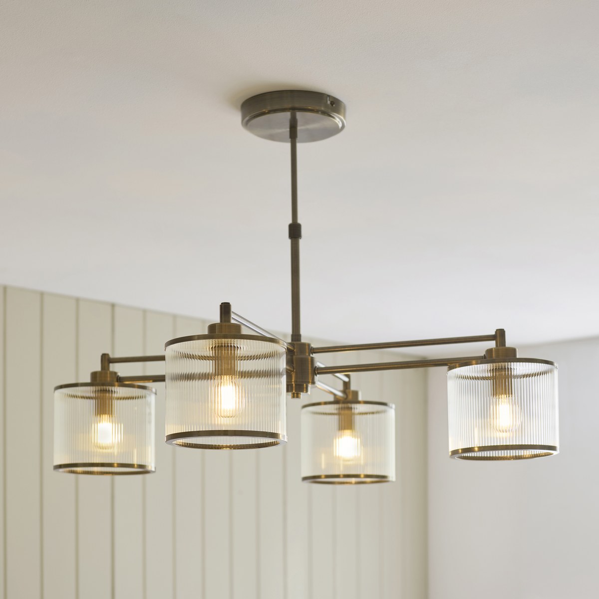 Endon Ridgeton 4 Light Pendant Light in Antique Brass with Clear Ribbed Glass