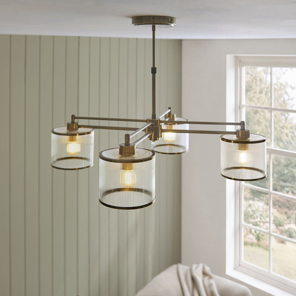 Endon Ridgeton 4 Light Pendant Light in Antique Brass with Clear Ribbed Glass