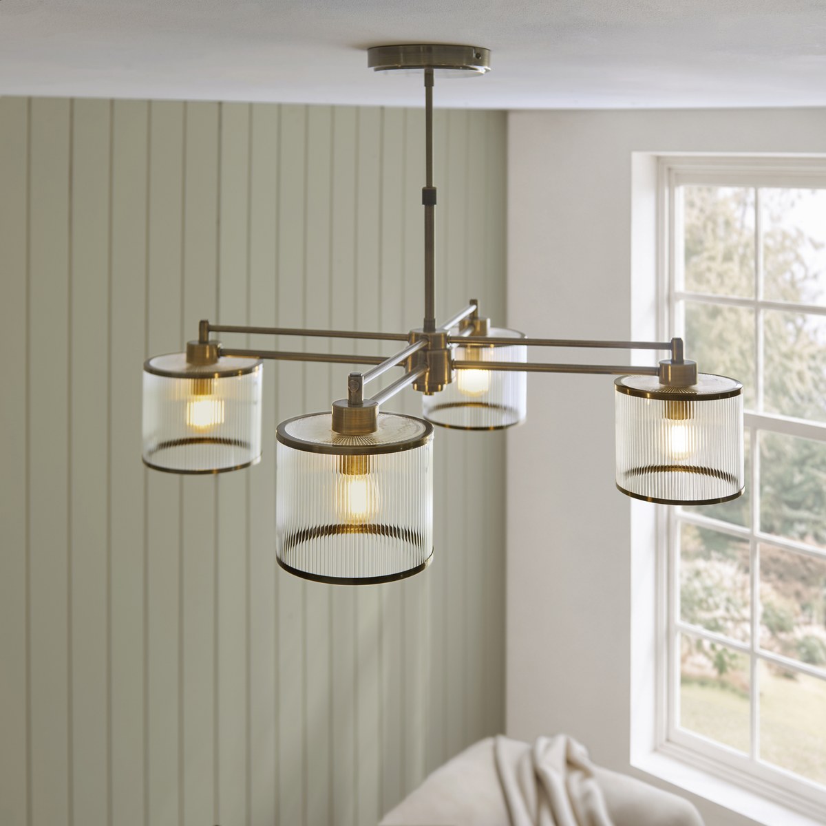 Endon Ridgeton 4 Light Pendant Light in Antique Brass with Clear Ribbed Glass