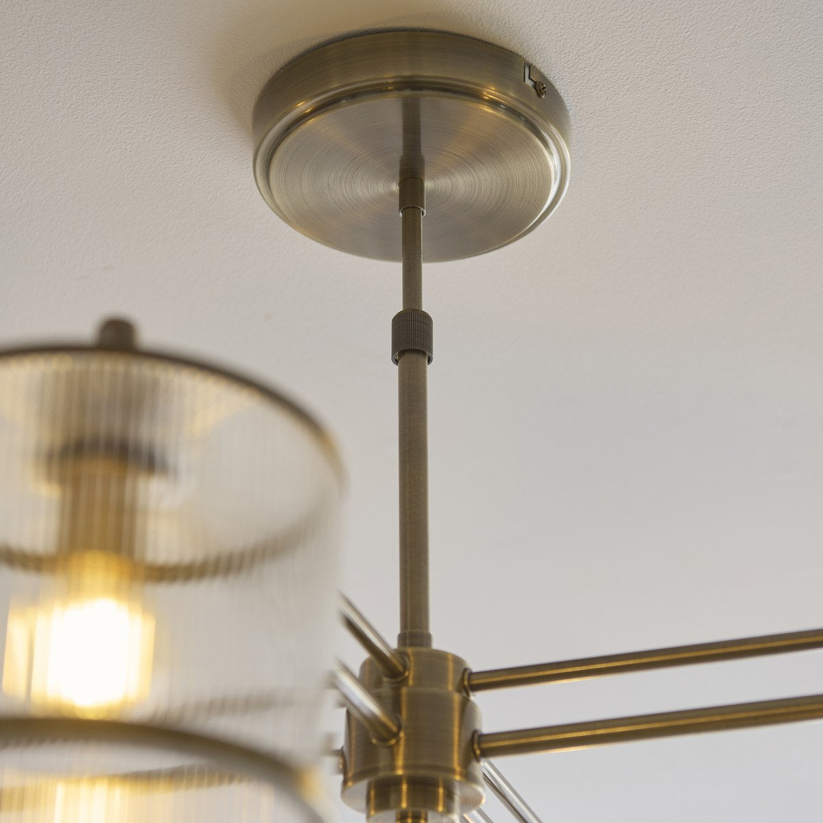 Endon Ridgeton 4 Light Pendant Light in Antique Brass with Clear Ribbed Glass