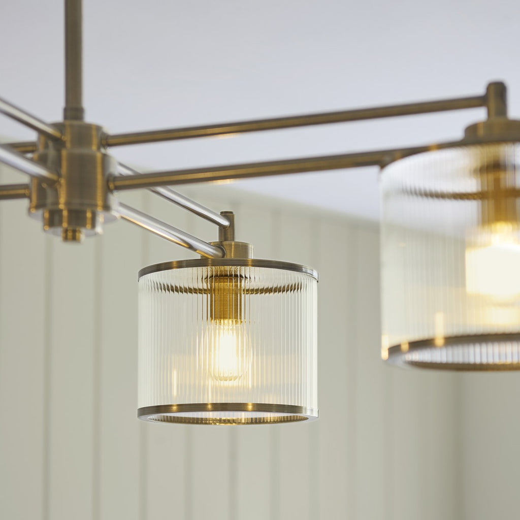 Endon Ridgeton 4 Light Pendant Light in Antique Brass with Clear Ribbed Glass
