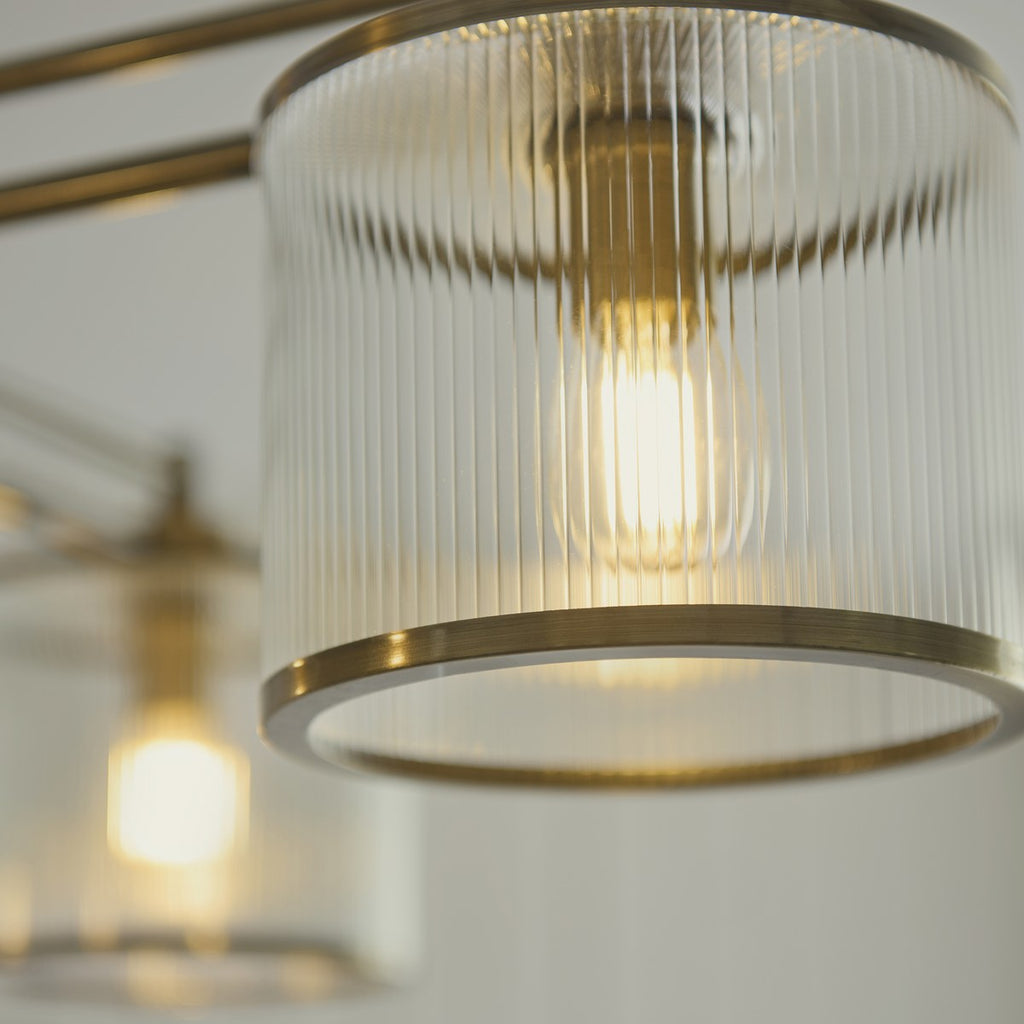 Endon Ridgeton 4 Light Pendant Light in Antique Brass with Clear Ribbed Glass