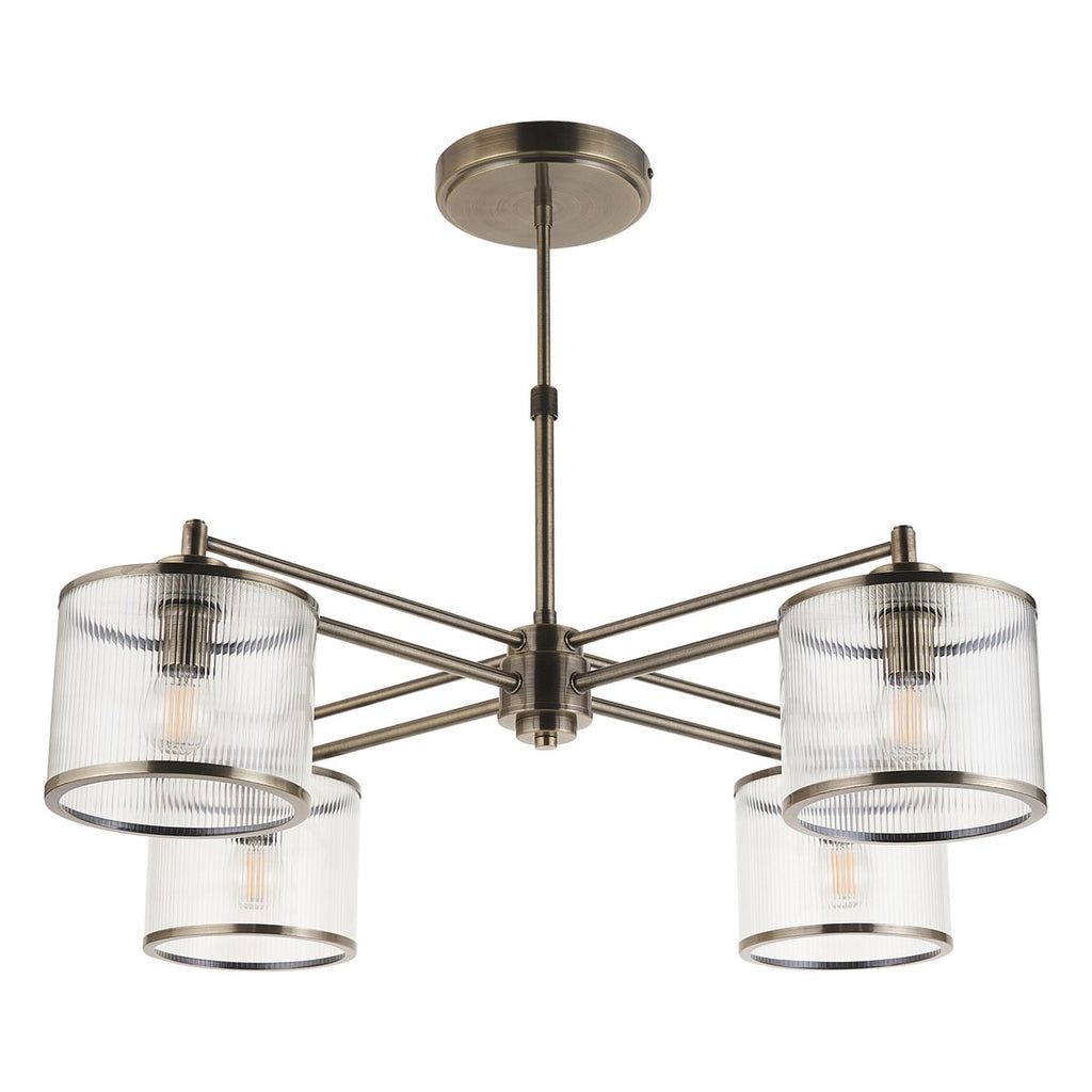 Endon Ridgeton 4 Light Pendant Light in Antique Brass with Clear Ribbed Glass