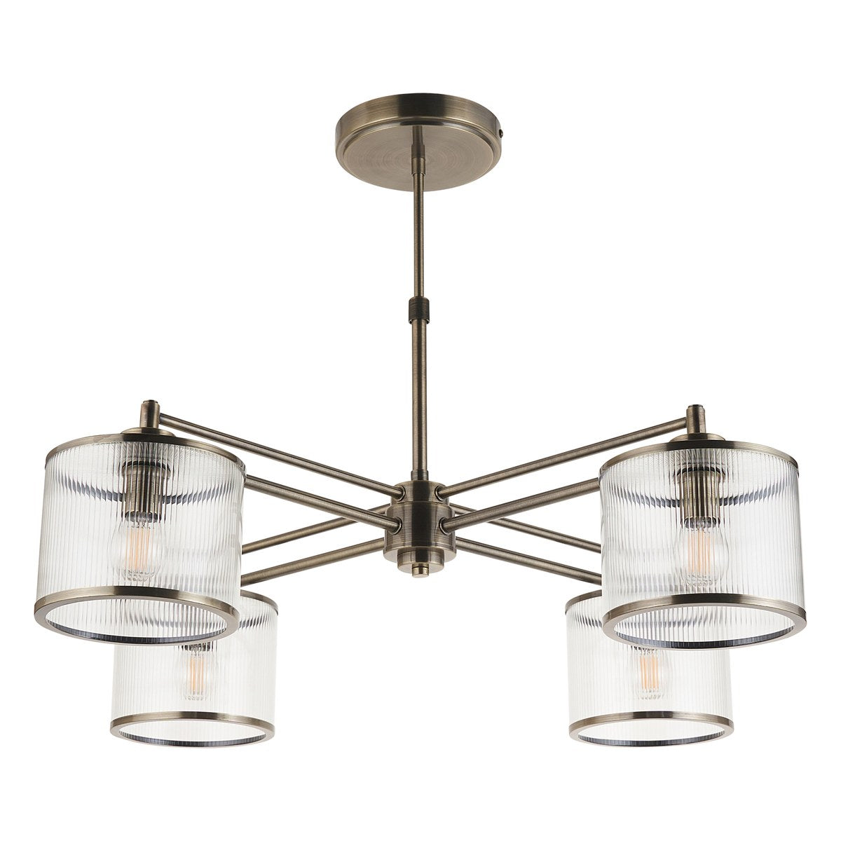 Endon Ridgeton 4 Light Pendant Light in Antique Brass with Clear Ribbed Glass