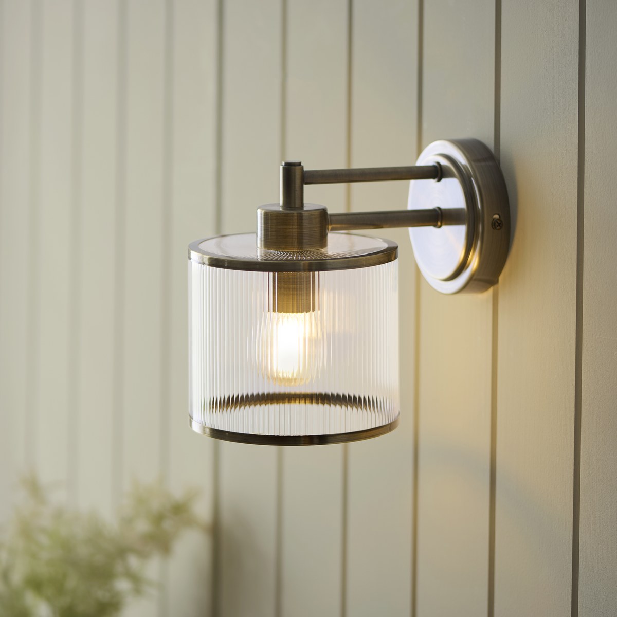 Endon Ridgeton Wall Light in Antique Brass with Clear Ribbed Glass