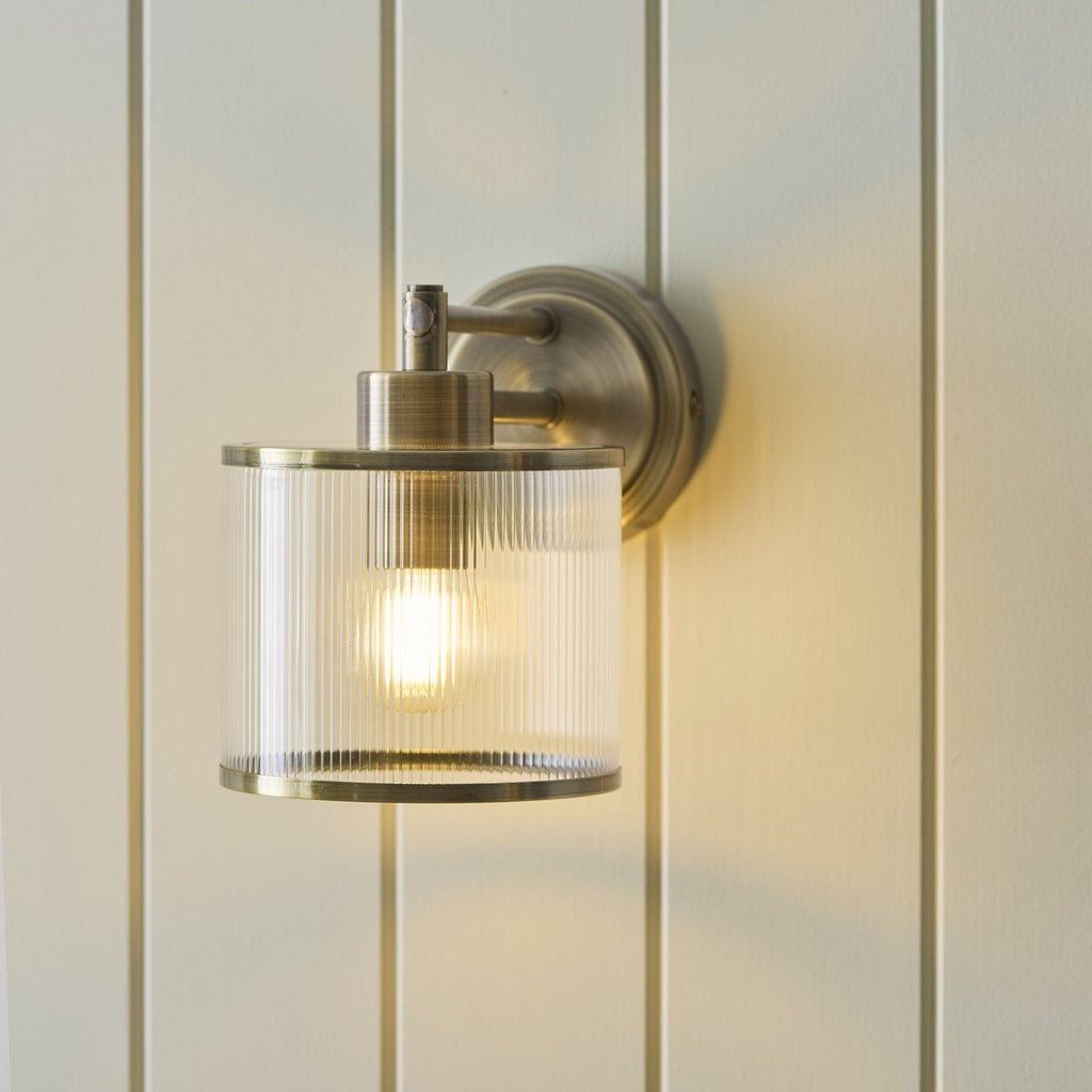 Endon Ridgeton Wall Light in Antique Brass with Clear Ribbed Glass