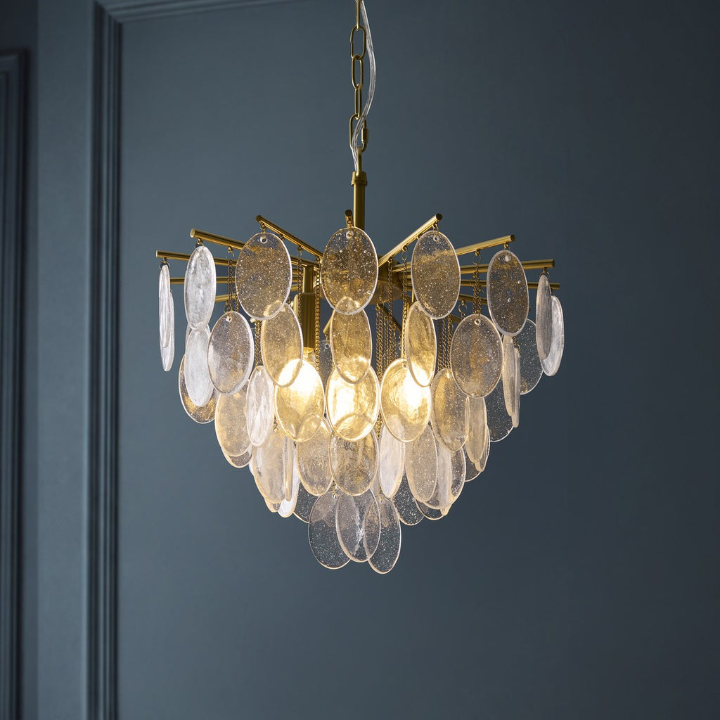 Endon Loretta 3 Light Pendant Light in Brushed Aged Brass with Clear Bubble Glass