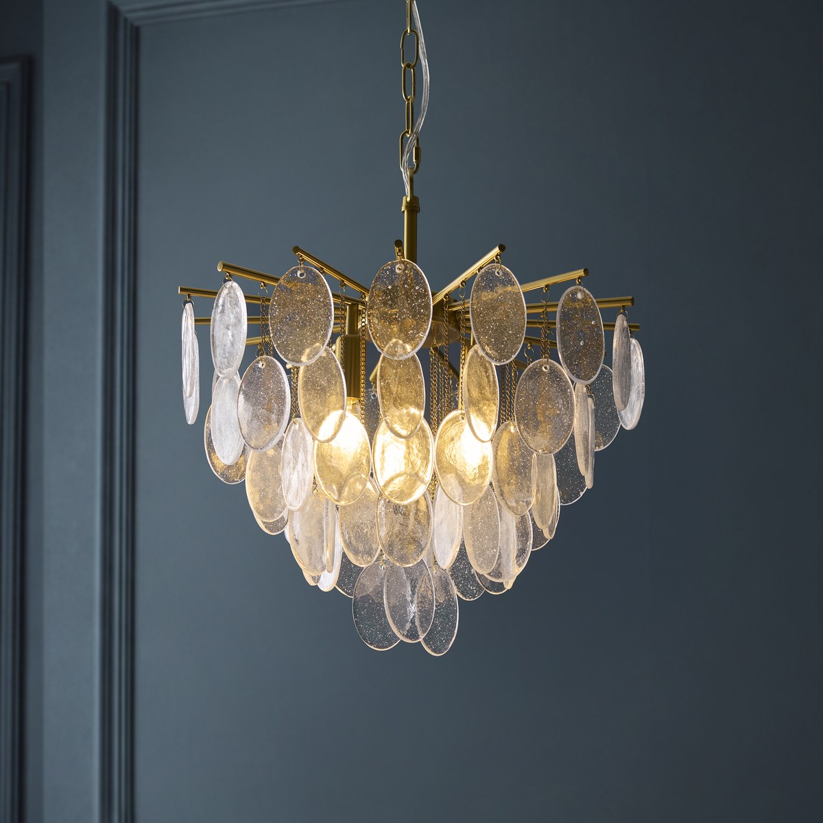 Endon Loretta 3 Light Pendant Light in Brushed Aged Brass with Clear Bubble Glass