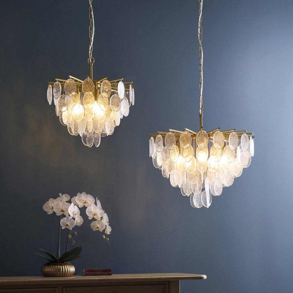 Endon Loretta 3 Light Pendant Light in Brushed Aged Brass with Clear Bubble Glass
