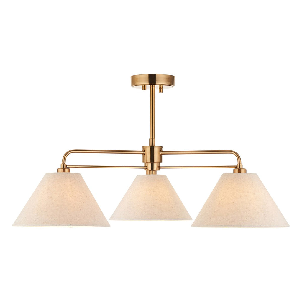 Endon Wallbridge 3 Light Semi Flush Ceiling Light in Brushed Aged Brass with Natural Linen Shades