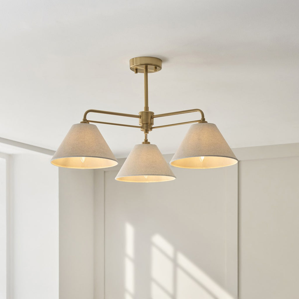 Endon Wallbridge 3 Light Semi Flush Ceiling Light in Brushed Aged Brass with Natural Linen Shades