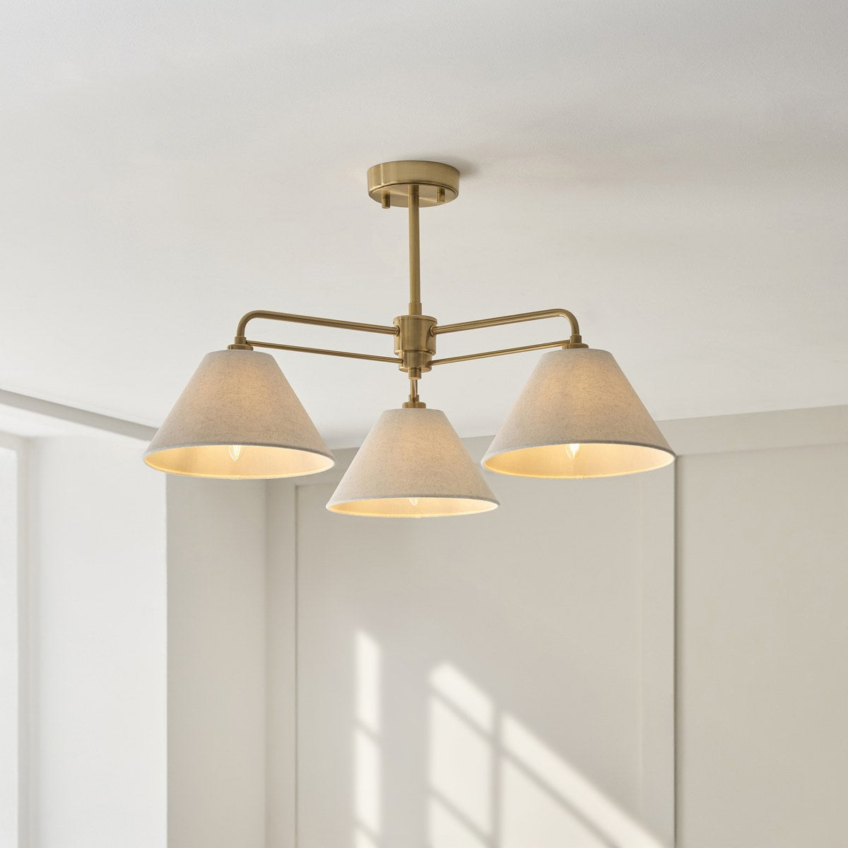 Endon Wallbridge 3 Light Semi Flush Ceiling Light in Brushed Aged Brass with Natural Linen Shades