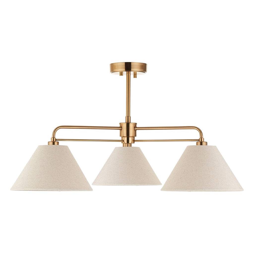 Endon Wallbridge 3 Light Semi Flush Ceiling Light in Brushed Aged Brass with Natural Linen Shades
