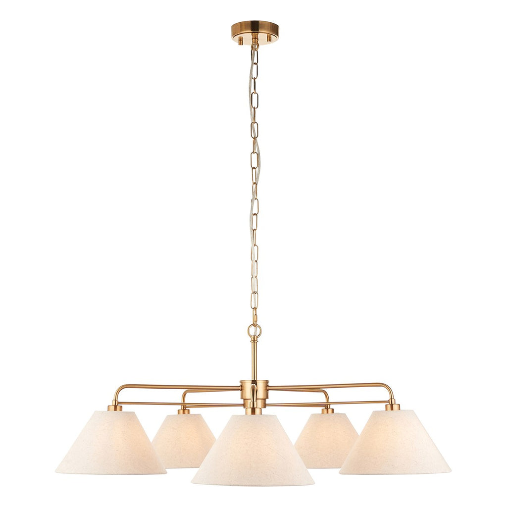 Endon Wallbridge 5 Light Pendant Light in Brushed Aged Brass with Natural Linen Shades
