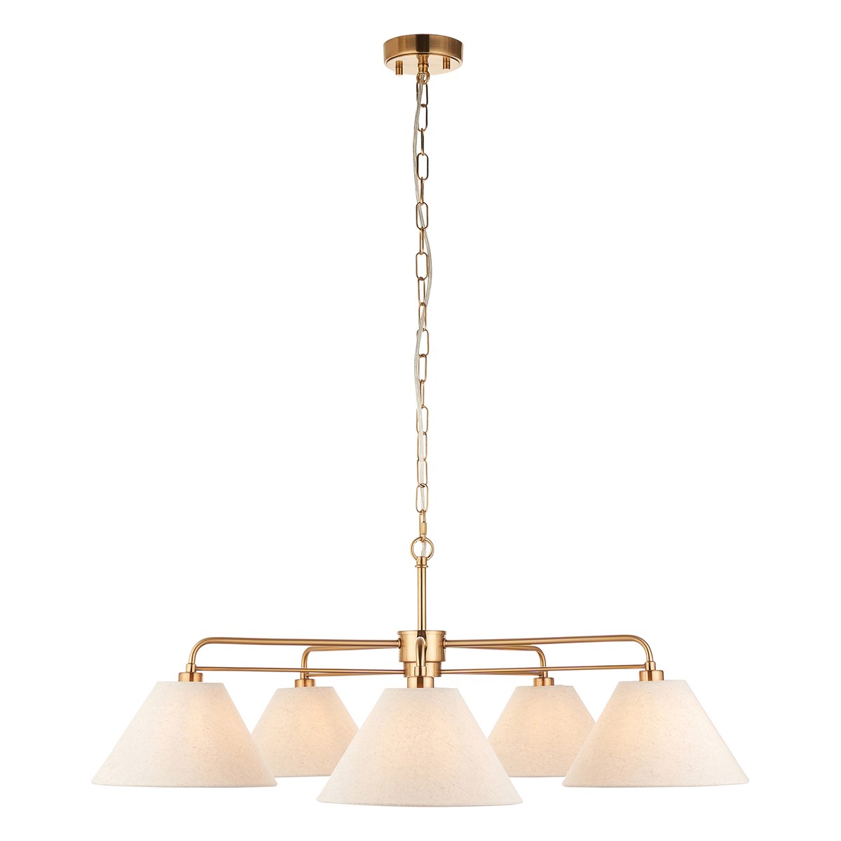 Endon Wallbridge 5 Light Pendant Light in Brushed Aged Brass with Natural Linen Shades