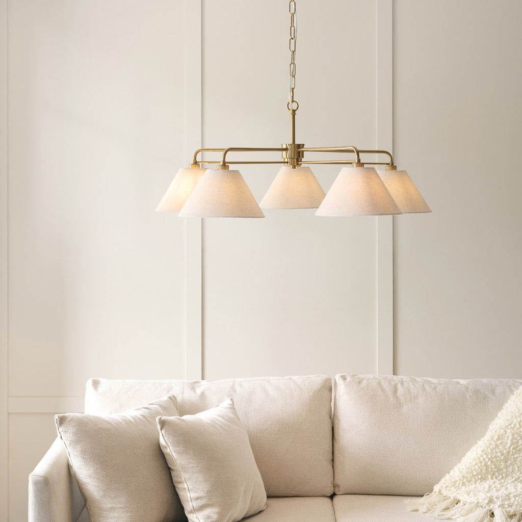 Endon Wallbridge 5 Light Pendant Light in Brushed Aged Brass with Natural Linen Shades