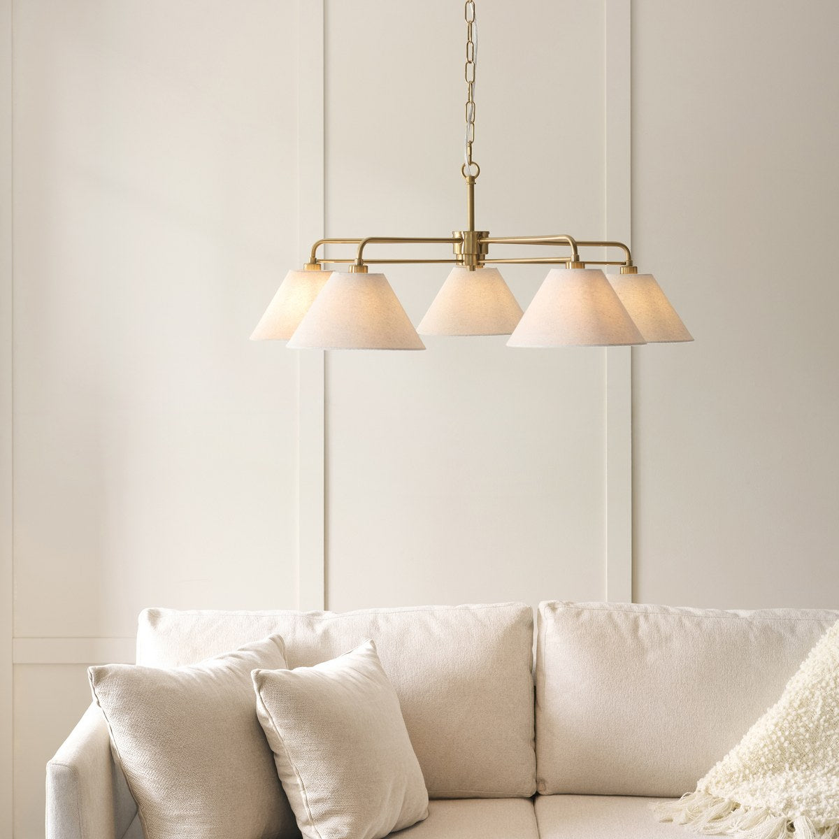 Endon Wallbridge 5 Light Pendant Light in Brushed Aged Brass with Natural Linen Shades